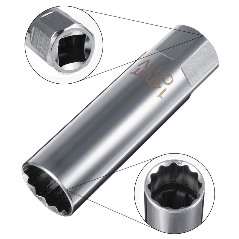 AKIRO 14mm Wrench Socket, 12-Point, 3/8", 14mm Thin Wall Spark Plug Socket for Spark Plug Socket Wrench - Image 2